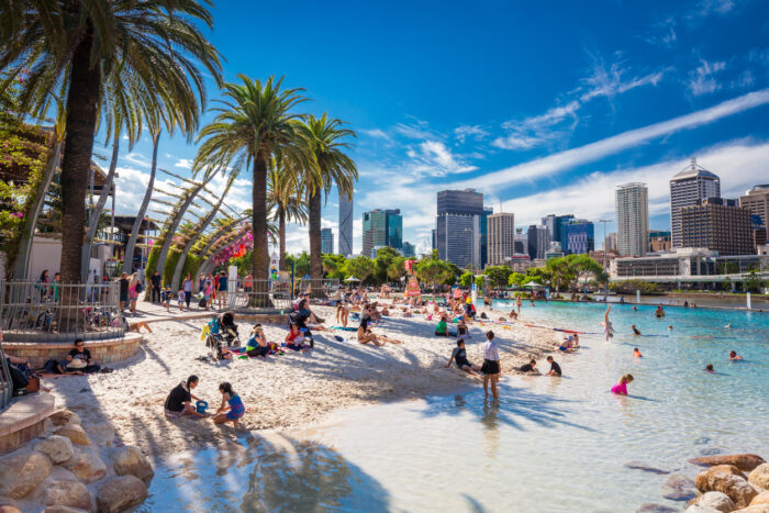 BRISBANE, AUS - APRIL 17 2016: Streets Beach in South Bank Parkland. It's inner-city man-made beach next to city center.