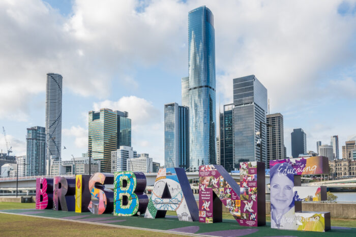 Big Brisbane Sign at South Bank Parklands with CBD