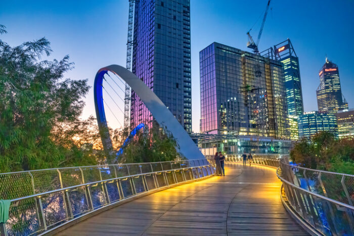 Buildings and Bridge in Elizabeth Quay at sunset, Perth.