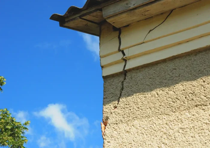 Residential property wall crack beneath gutter with blue sky in background.