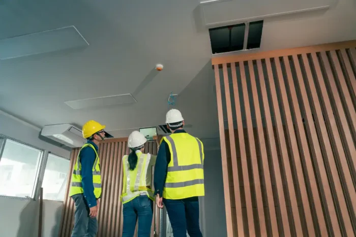 On-site inspection of commercial property interior, with three commercial property landlords looking at safety fixtures in ceiling of office asset.