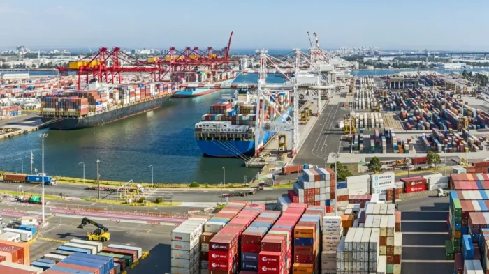 Melbourne freight precinct with large ships in background and shipping containers in foreground.