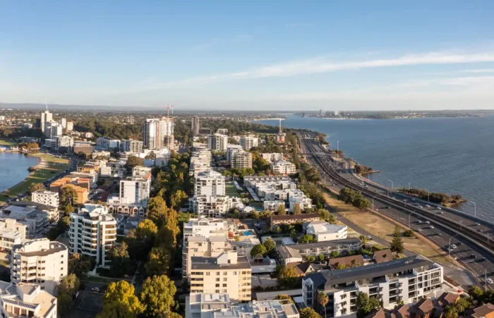 Perth drone shot with residential suburbs and homes