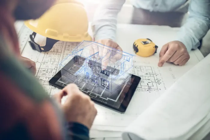 Blueprint hovering over laptop on construction worker's desk.